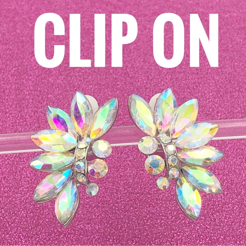AB Iridescent Rhinestone Statement Clip On Earrings